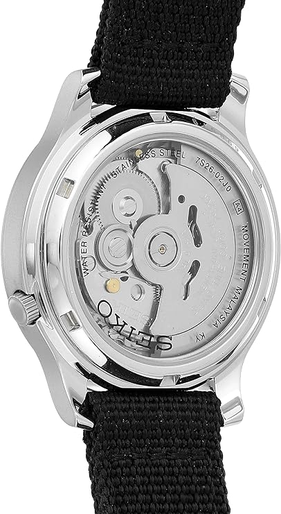 Seiko 5 Men's SNK809 Automatic watch in black. Display back shows movement.