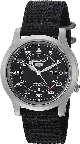 Seiko SNK809 with black dial and NATO strap. Front of watch.