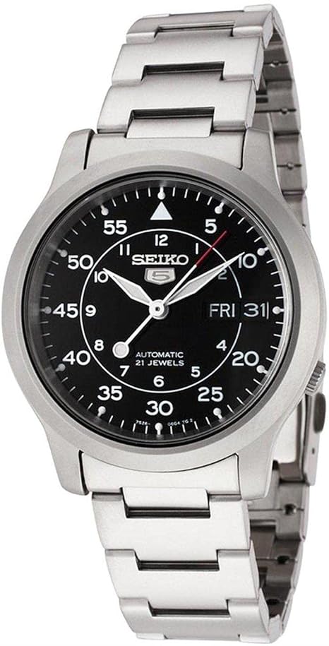 Seiko 5 Men's SNK809K1 Automatic watch in black with metal bracelet.