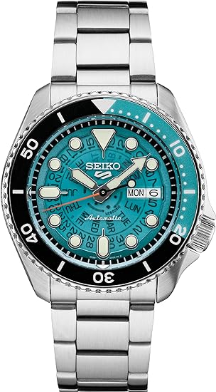 Seiko SNZF17 in turquoise see-through dial, showing all the days and dates.