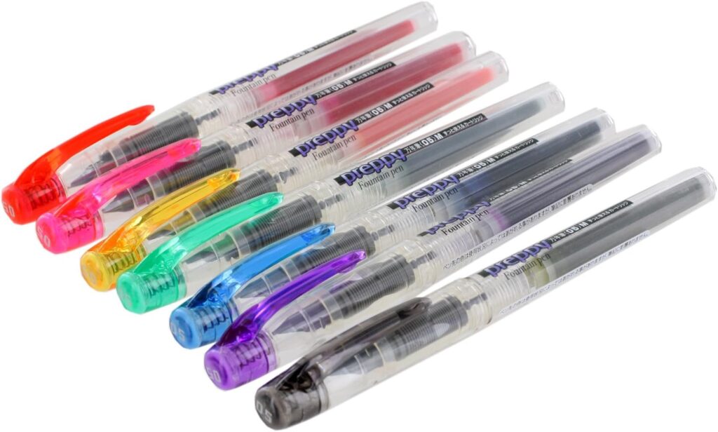 Shows the range of colors the Platinum Preppy comes in. Red, pink, yellow, green, blue, purple, and black. Each with the matching color ink.